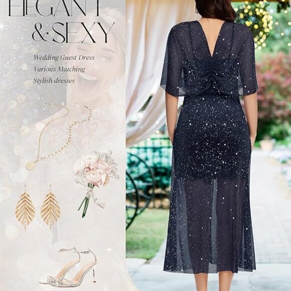 Cocktail Evening Gown Wedding Dresses with Shawl Navy - Picture 5 of 6